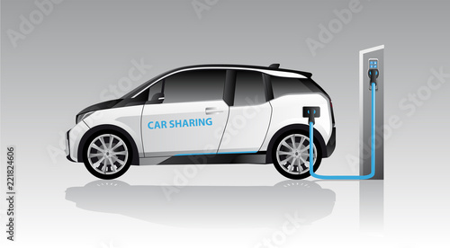 White carsharing electric car with charging station. Vector illustration EPS 10