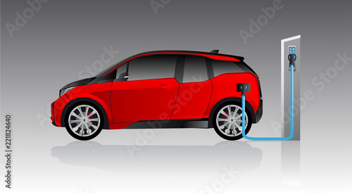 Red electric car with charging station. Vector illustration EPS 10 © scharfsinn86