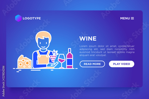 Wine concept: winemaker with thin line icons, wine glass, grapes, cheese. Modern vector illustration, web page template on gradient background.