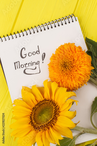 Fototapeta Naklejka Na Ścianę i Meble -  Unripe sunflowers and notepad. Good morning wish. Yellow wooden background.