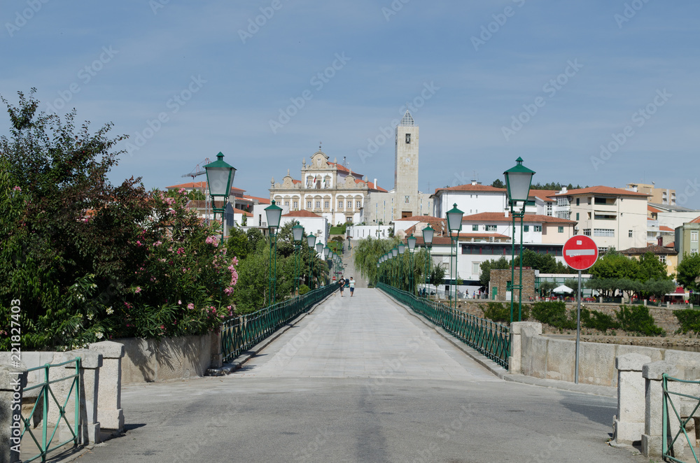 Mirandela vista desde el puente en la la margen opuesta del rio Tua. Distrito de Bragança. Tras-os-Montes. Portugal.