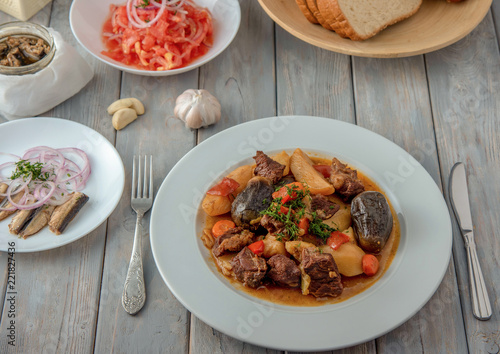 Beef stewed with vegetables, uzbek national dish.
