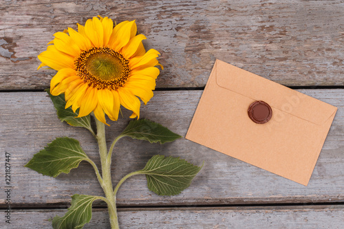 Fototapeta Naklejka Na Ścianę i Meble -  Sunflower and post mail with wax stamp. Old vintage wooden desk surface background.