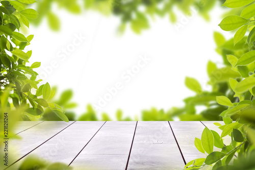 wooden table top with spring green leafs as frame