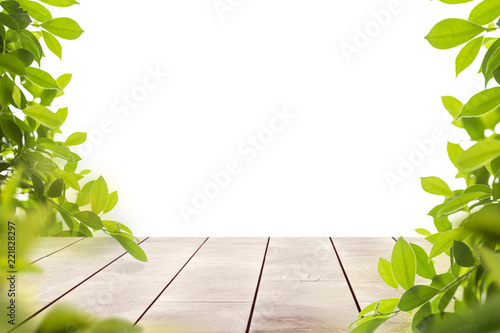 wooden table top with spring green leafs as frame