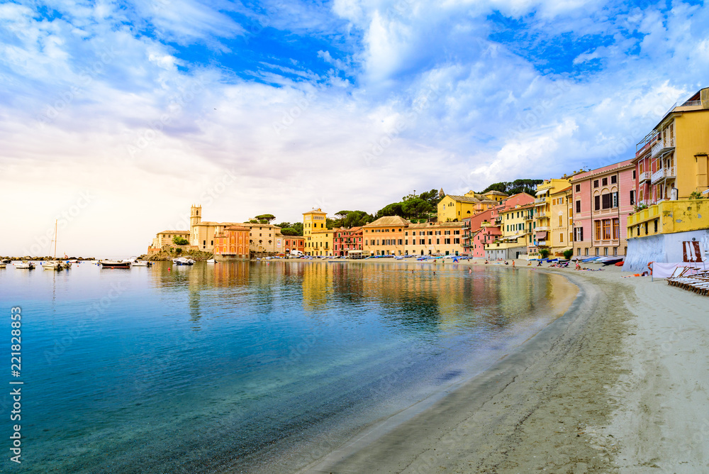 Sestri Levante - Paradise Bay of Silence with its boats and its lovely beach. Beautiful coast at Province of Genoa in Liguria, Italy, Europe.