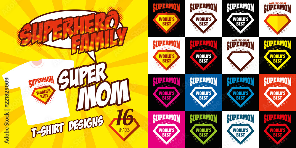 Set Super mom logo superhero T-shirt design Stock Vector