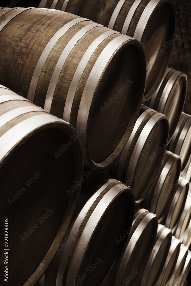 Wine storage. Round wooden barrels in dark Wine storage. Round wooden barrels in dark