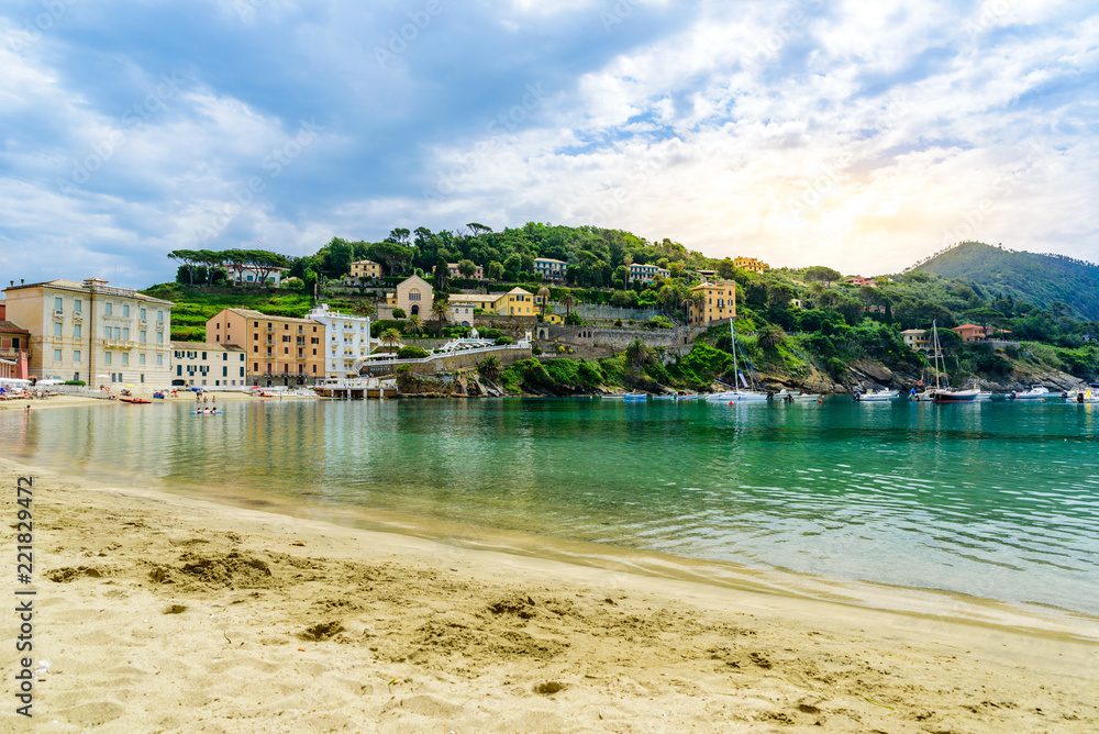 Sestri Levante - Paradise Bay of Silence with its boats and its lovely beach. Beautiful coast at Province of Genoa in Liguria, Italy, Europe.