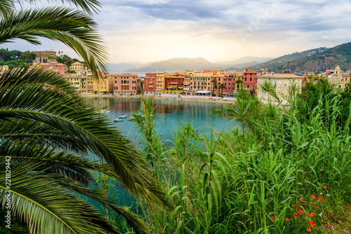 Sestri Levante - Paradise Bay of Silence with its boats and its lovely beach. Beautiful coast at Province of Genoa in Liguria  Italy  Europe.