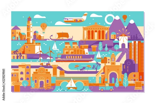 Greece summer island landscape.Picturesque sketch. Ideal for card, invitation, banners, posters.