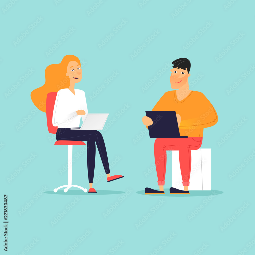 Man and woman sitting with laptops bizes. Flat design vector illustration.