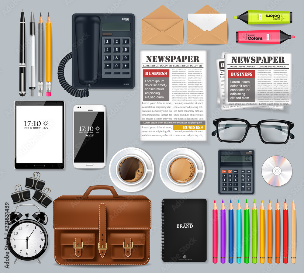 Great business office set collection Vector realistic. Glasses, bag, gadgets and office supplies 3d detailed illustrations