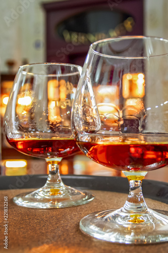 Glasses with cognac. Vintage collection, alcoholic drinks set in classic style.