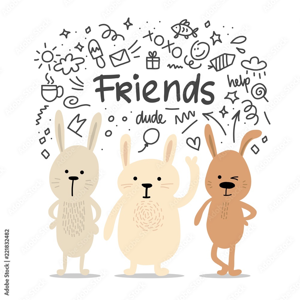 Three rabbits friends vector cute flat illustration. Cartoon funny  illustration friendship card Stock Vector | Adobe Stock