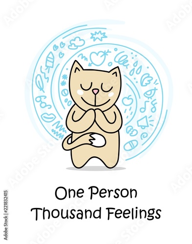 Cute cat with thousand feelings. Funny cartoon animal flat vector illustration