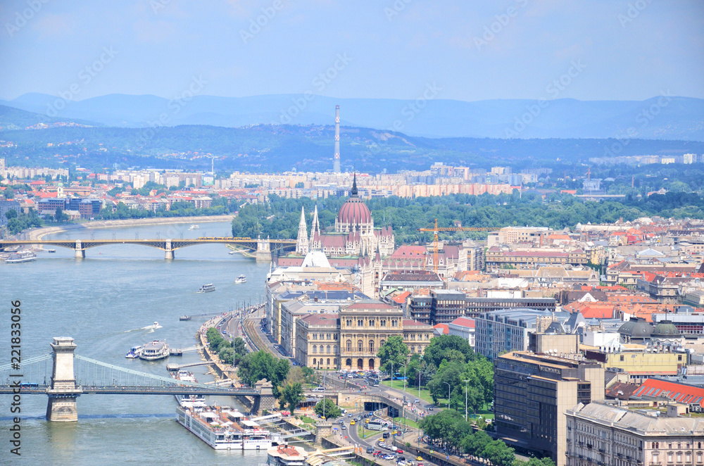 View of Chain Bridge, parliament and river Danube form Budapest, Hungary.