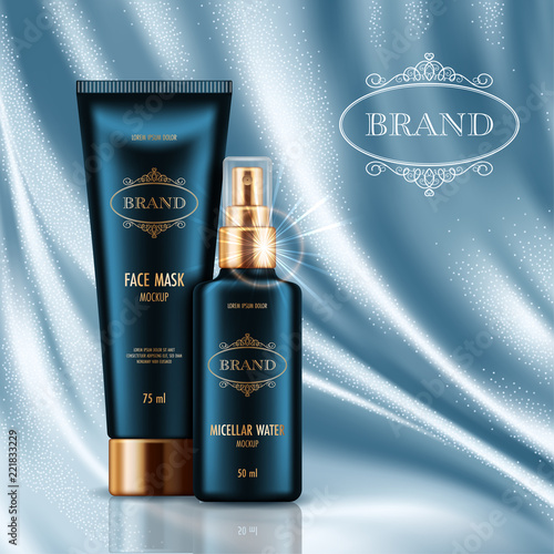 Cosmetic advertising poster with realistic containers for skin care products on light blue smooth satin fabric background. Mockup for promoting your brand