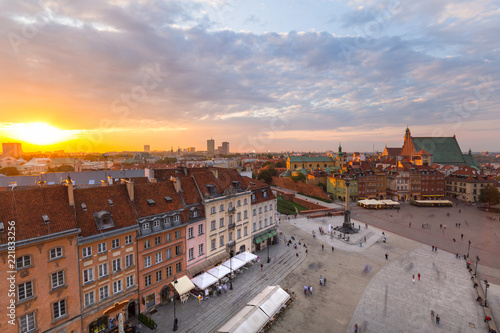 Royal Castle square in Warsaw city at sunset, Poland