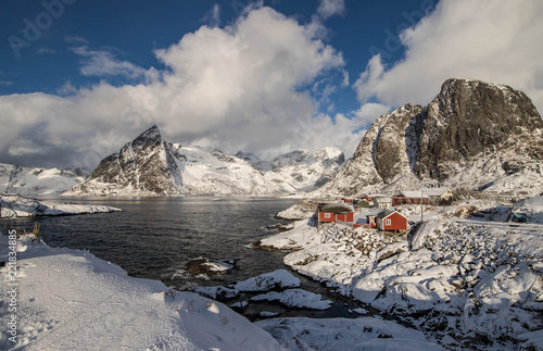 Village of red houses in Hamnoy