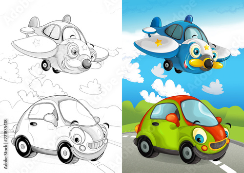 cartoon scene with vehicles on the street - police plane and car - illustration for children