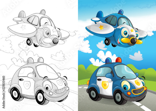 cartoon scene with car driving and plane flying in the city - with artistic coloring page - illustration for children