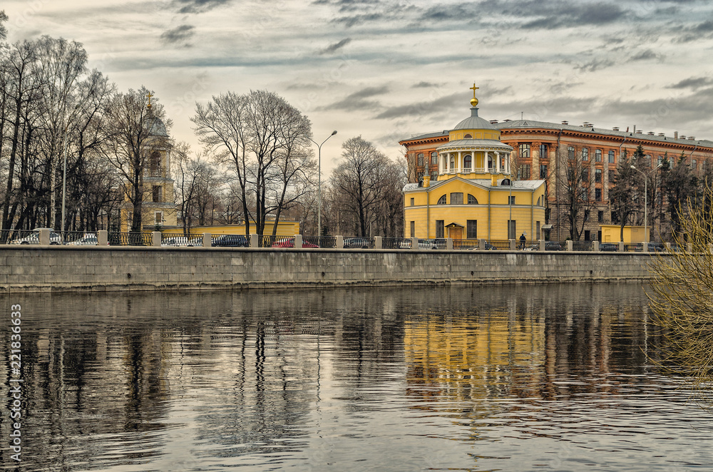A scenery with the Blagoveschenskaya church from the shore of Yelagin Island.