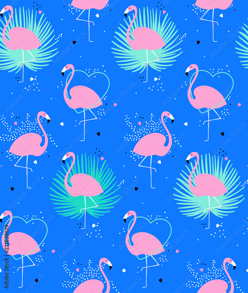 Seamless pattern with cute flamingos. Exotic pink flamingos with palm leaves on blue background with dots and hearts. Summer pattern with tropical birds. Simple repeated flamingos perfect for fabric Seamless pattern with cute flamingos. Exotic pink flamingos with palm leaves on blue background with dots and hearts. Summer pattern with tropical birds. Simple repeated flamingos perfect for fabric