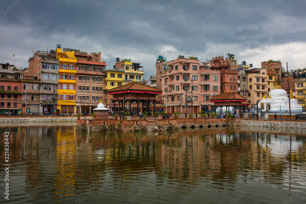 View of old buildings and lake in Patan, Nepal