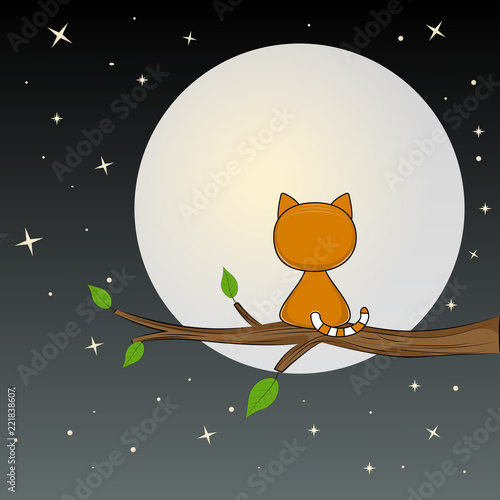 Cute cat is sitting on the tree and looks at the moon.