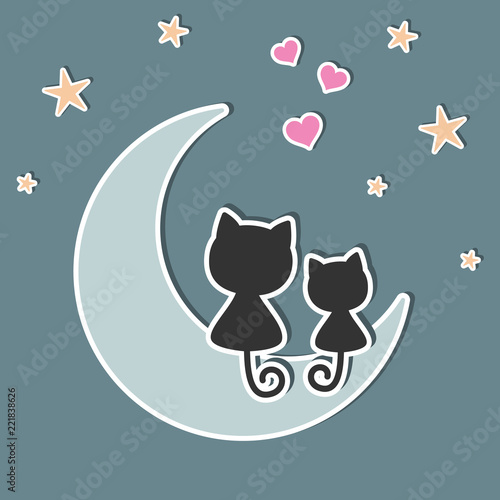 A beautiful two cute cats in love sitting on the moon at night.