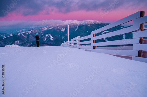 Wallpaper Mural Beautiful white winter mountains, colorful purple sunset in background. Landscape in christmas time, edit space Torontodigital.ca
