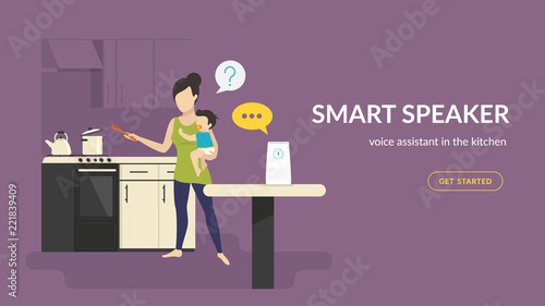 Smart speaker in the kinchen. Flat vector illustration of woman with baby cooking in the kitchen talking with white home smart speaker with integrated virtual assistant. Concept design with copy space