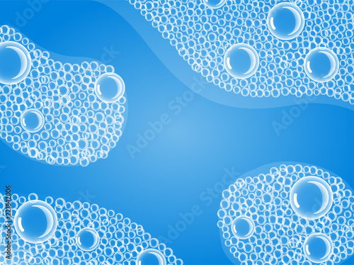 Soap Bubbles in Bath or Sud. Vector. Transparent Foam on Blue water background.