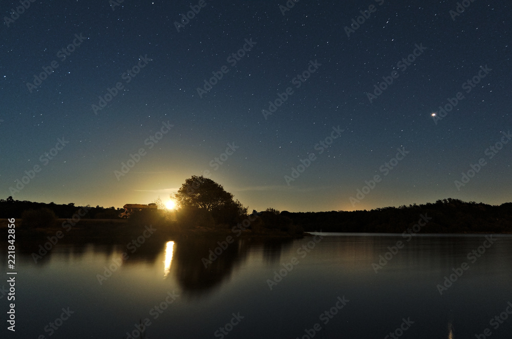 Povoa e Meadas dam at night. Astrophotography in Castelo de Vide, Portugal Povoa e Meadas dam at night. Astrophotography in Castelo de Vide, Portugal