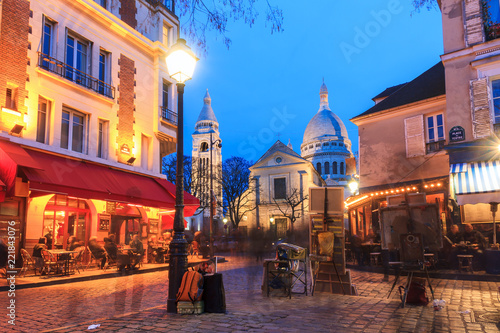 Beautiful evening view of the Place du Tertre and the Sacre-Coeur in Paris, France
 photo