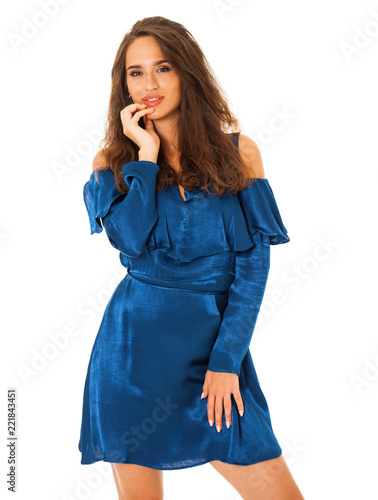Beautiful brunette woman in blue dress