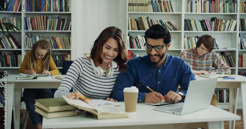 Couple of mixed races young man and woman studing together in the library and talking cheerfully. Couple of mixed races young man and woman studing together in the library and talking cheerfully.