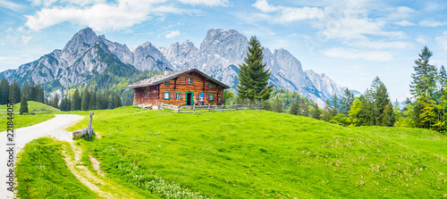 Obraz na płótnie Idyllic mountain scenery with wooden cabin in the Alps in summer w salonie