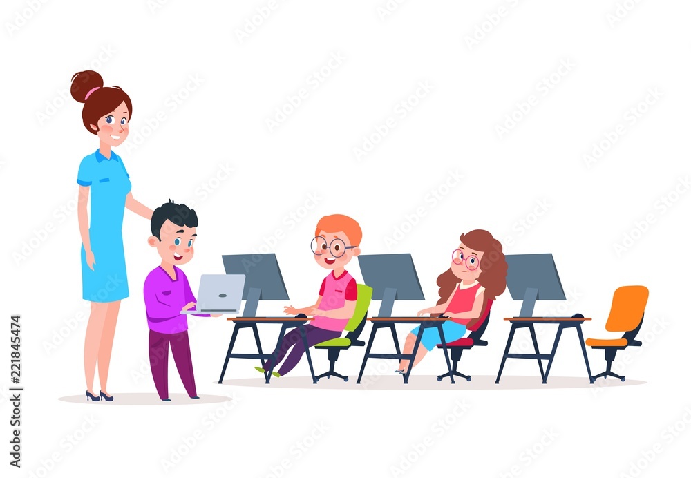 Kids in computer lab. School children coding at computers. Cartoon boys ...