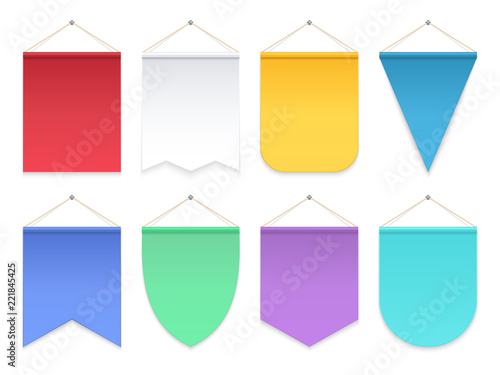 Color pennant. Triangle hanging banners and flags. Fabric football team pennants vector template. Illustration of colored banner vertical, empty blank for advertising or symbol