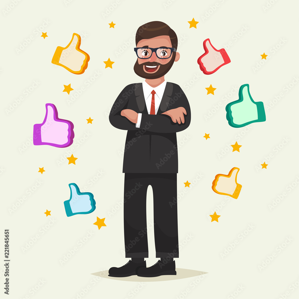 Happy man in glasses with beard with gesture like around him. Vector illustration in cartoon style. Business success in internet concept. Successfull blogger, manager or employer Stock Vector | Adobe Stock Happy man in glasses with beard with gesture like around him. Vector illustration in cartoon style. Business success in internet concept. Successfull blogger, manager or employer Stock Vector | Adobe Stock