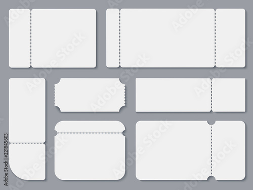 Blank tickets. White theater and cinama ticket mockup. Lottery coupon and receipt vector isolated template. Cardboard for entertainment festival, movie film and show illustration