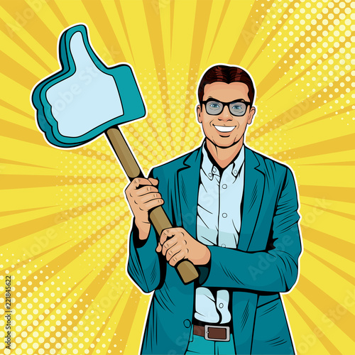 Businessman with like gesture on wooden stick. Colorful illustration in pop art retro comic style. 