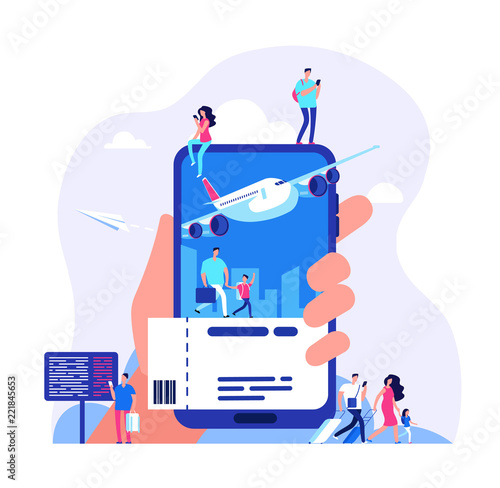 Online ticket concept. Buying tickets with smartphone. People booking plane or train travel vector illustration. Buy ticket online, journey service, vacation and tourism airplane