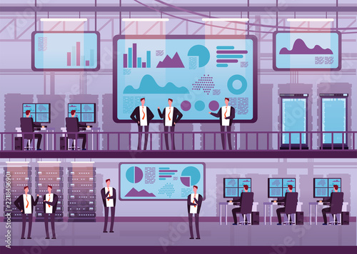 Control center. Business people working with computers big monitor. Brokers trading on stock exchange in datacenter. Vector concept broker people, market finance illustration