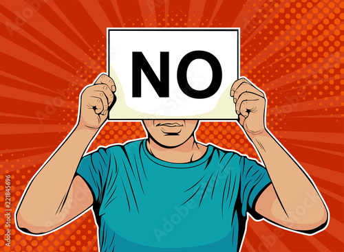 Businessman with paper and word NO in front of face. Colorful illustration in pop art retro comic style.