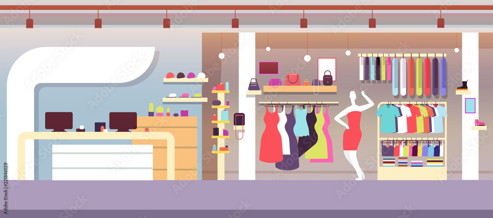 Fototapeta Fashion shop. Boutique fashion store with female clothes and women bags. Shopping mall vector interior. Illustration of wardrobe shop interior, illustration retail with clothes