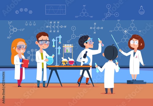 School kids in chemistry lab. Children in science laboratory make test. Cartoon pupils girls and boys in class. Vector illustration. Chemistry school lab experiment, science laboratory for education