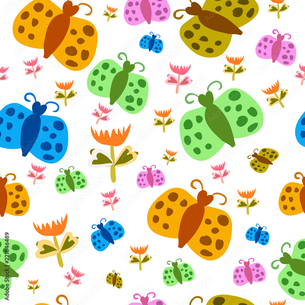 Fototapeta premium Butterflies and Flowers seamless pattern. Butterfly flies for food. Flowers bloom. for wallpaper Plant and nature, tropical and natural. Vector EPS10